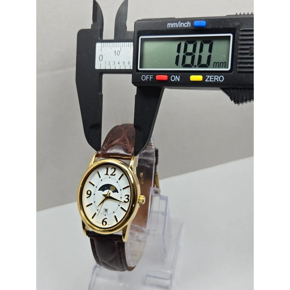 Womens Vintage Avon Moon Phase Date Womens Gold Tone Leather Watch New Battery